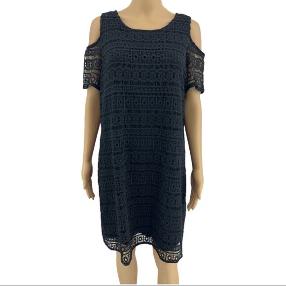 Design History LARGE Black Eyelet Lace Cold Shoulder Shift Midi Dress - Picture 1 of 5